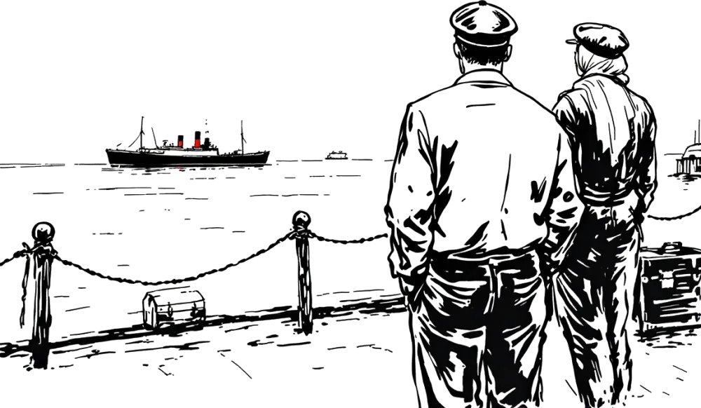 Ink drawing of figures with cases and bundles waiting on a quayside beside a moored ship.